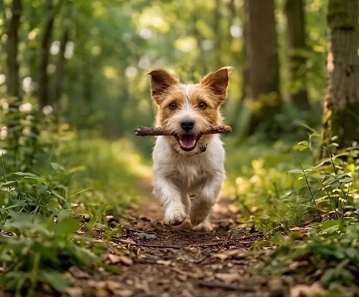 Happy wire-haired terrier carrying a stick with both ears and all four paws visible on a woodland trail in Woolton