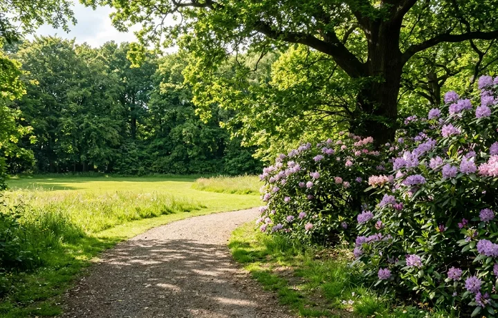 Sunlit footpath bordered by blooming rhododendrons opening onto open green lawns and wildflower meadows in Reynolds Park Woolton