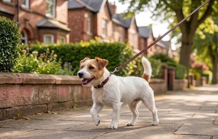 Happy wire-haired terrier walking on a lead along a leafy Woolton pavement bordered by red sandstone garden walls