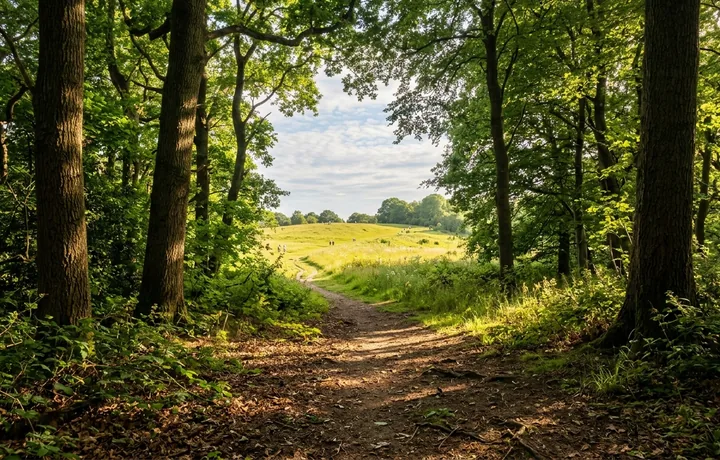 Sunlit woodland footpath opening onto Camp Hill meadow in Woolton Woods